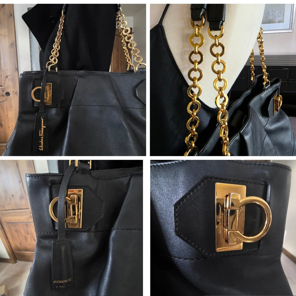 Salvatore Ferragamo Florence Gancini Shoulder Bag Black With Gold Hardware - Picture 6 of 10